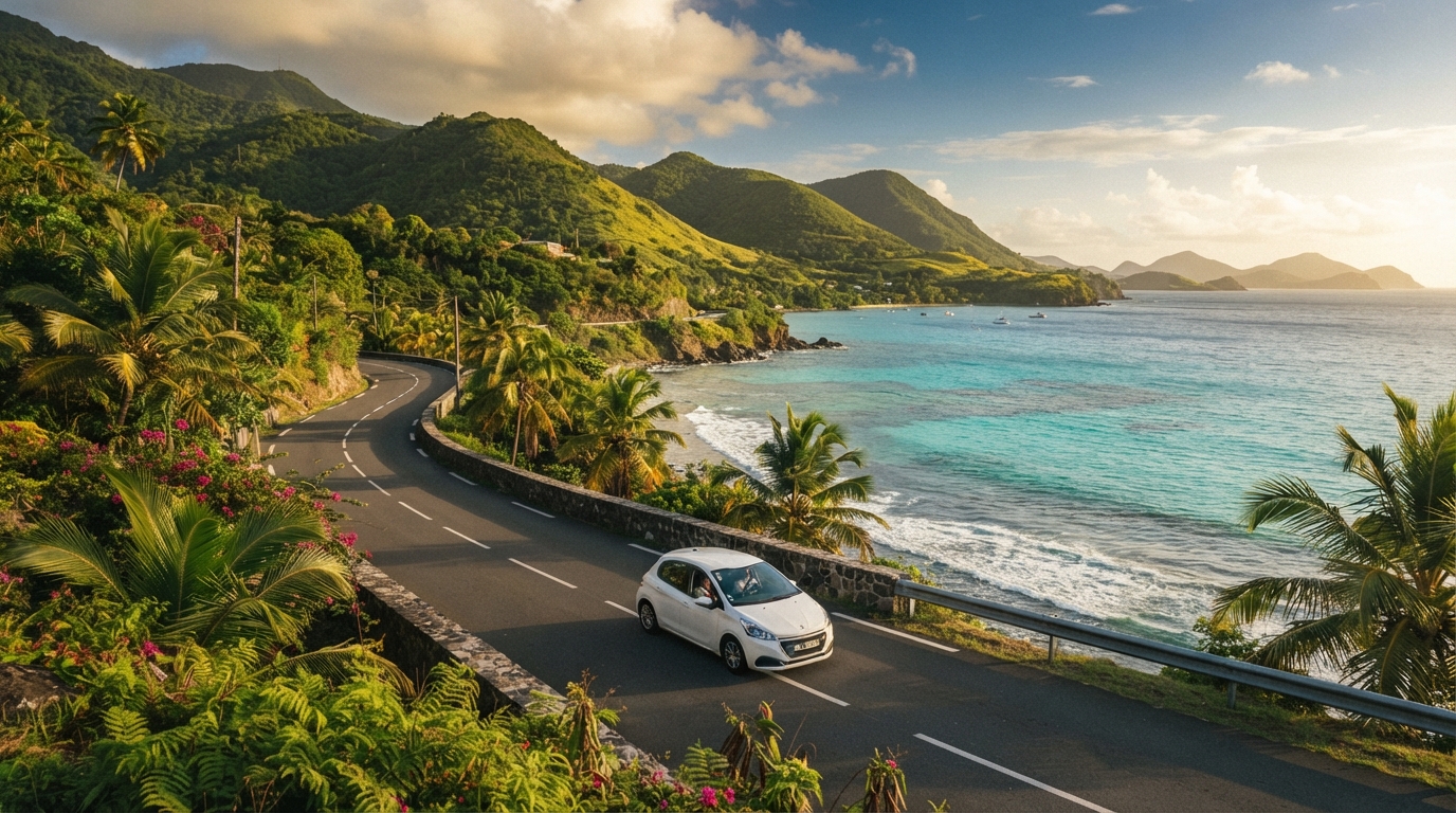 Voiture de location sur la route côtière de Guadeloupe